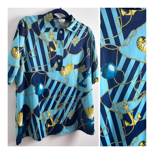 Vintage 1980s UK Size 16-18 Turquoise Navy Blue & Gold Nautical Rope Anchor & Shells Novelty Print Shirt Sleeve Shirt