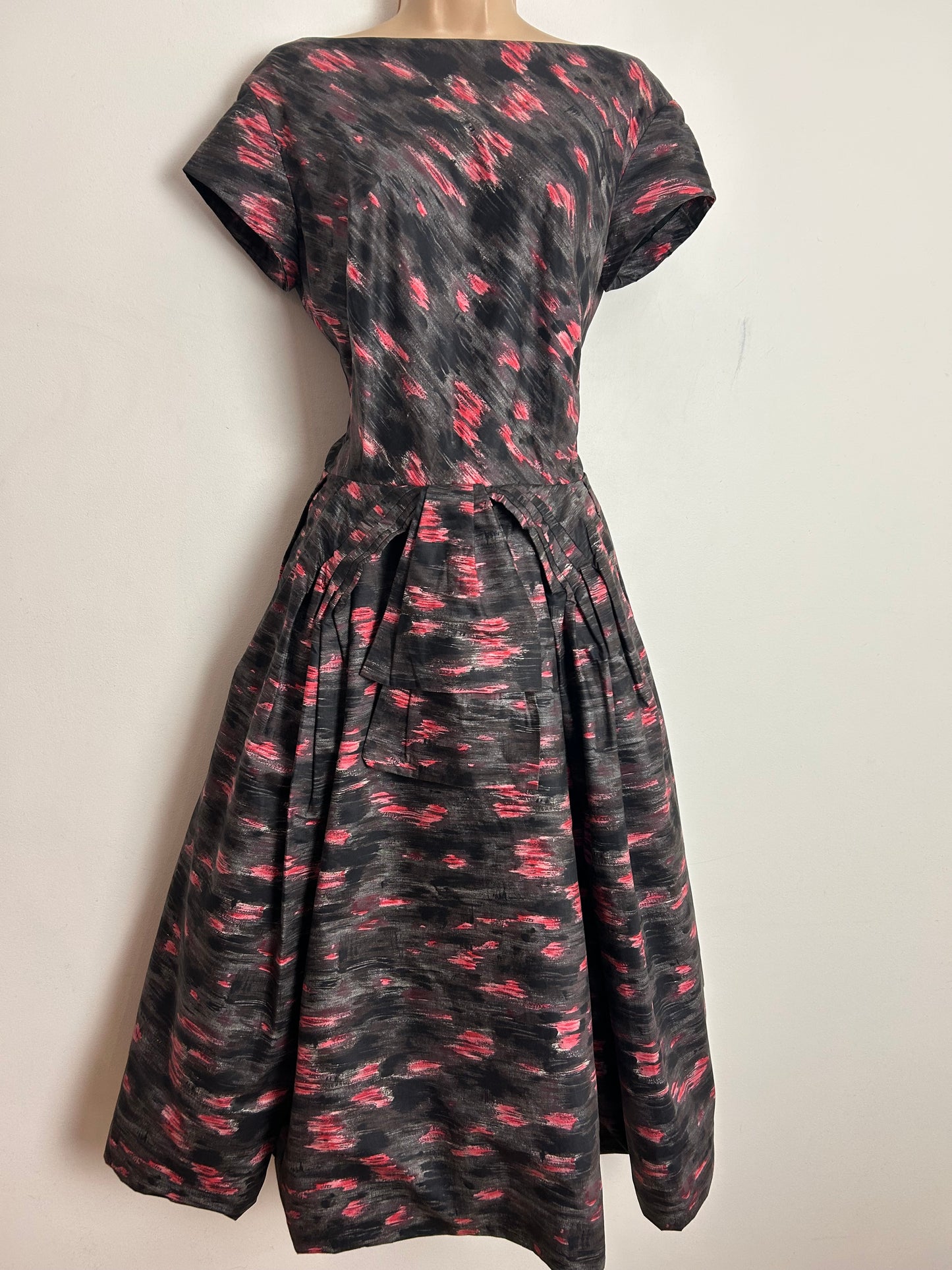 Vintage 1950s FRANK USHER UK Size 10 Grey & Pink Abstract Pattern Polished Cotton Rockabilly Prom Dress