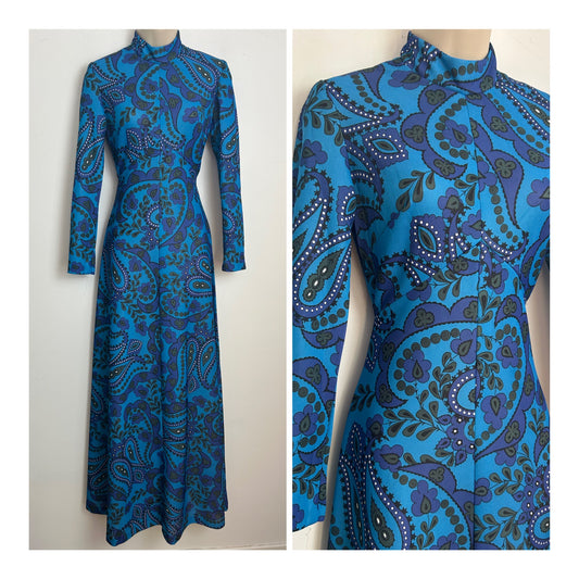 Vintage 1970s Size 8 Blue Tones Floral & Paisley Print High Neck Long Sleeve Maxi Dress