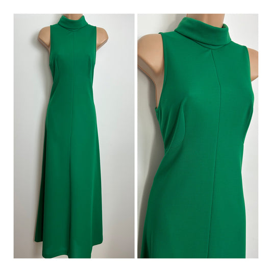 Vintage 1970s RICHARD SHOPS Size 8 Green Roll Neck Sleeveless Maxi Dress