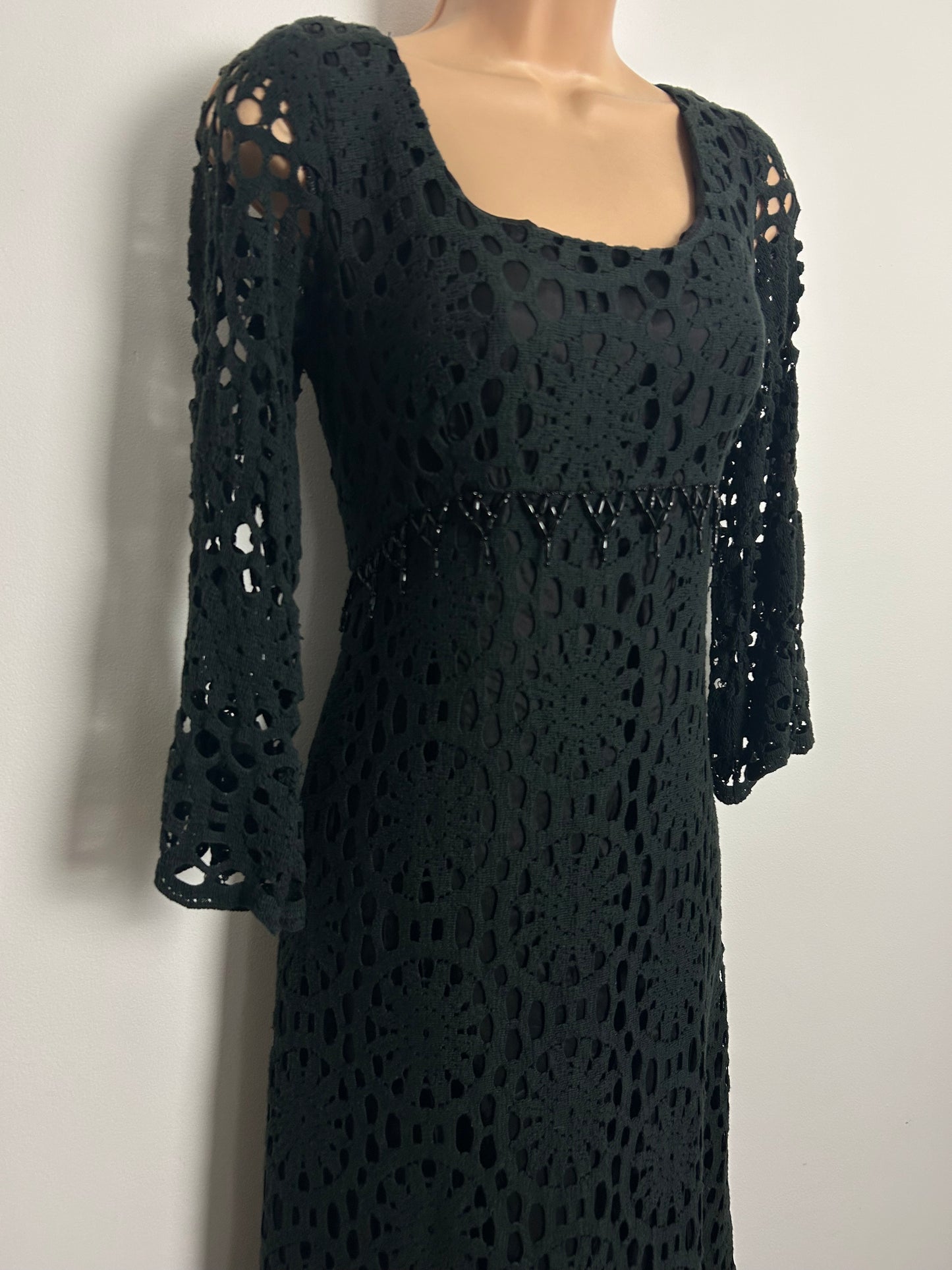 Vintage 1970s CLIFTON Size 10-12 Black Mid Weight Cut Out Lace Fabric Column Occasion Maxi Dress