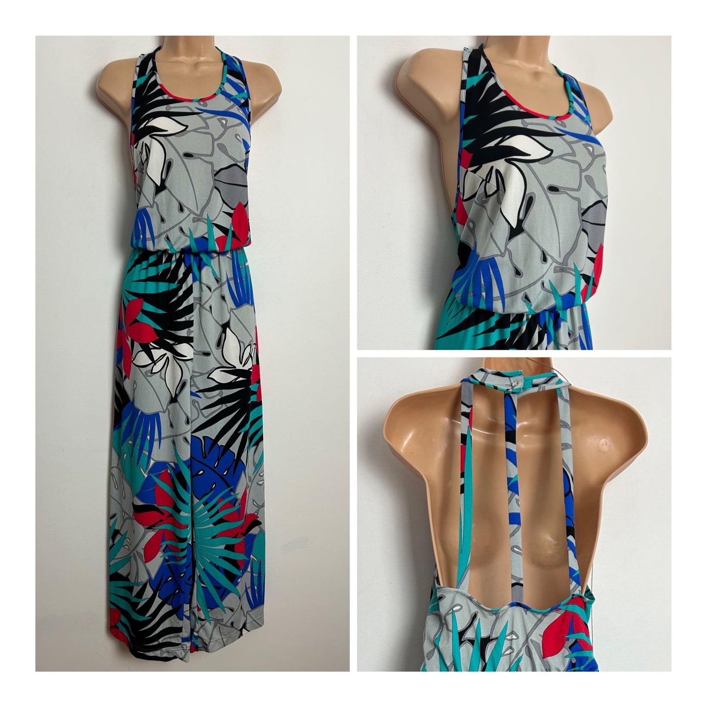 Vintage Late 1970s UK Size 10 Bleyle Grey Blue Turquoise & Red Tropical Leaf Print Cage Back Wide Leg Jumpsuit