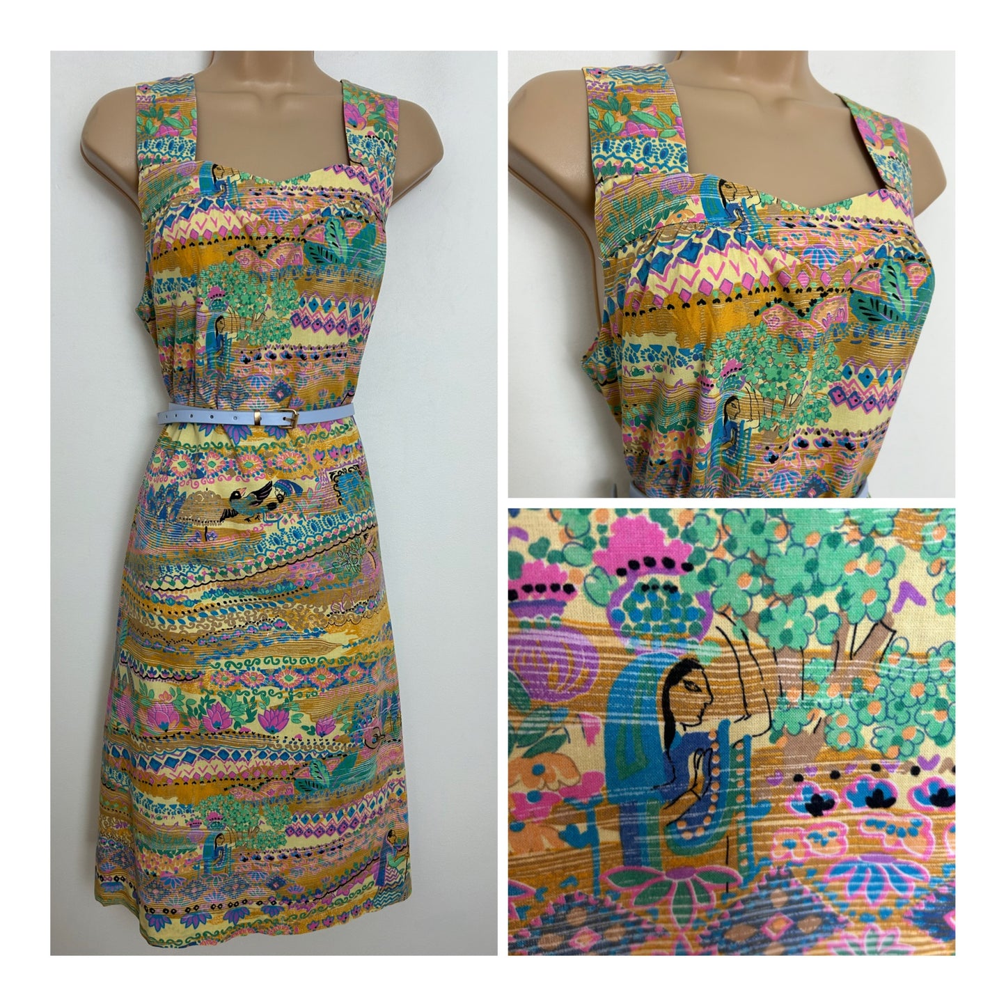 Vintage Late 1970s/Early 80s DURA Size 12 Beige Blue Pink Green & Orange Novelty Print Secret Garden Print Cotton Dress