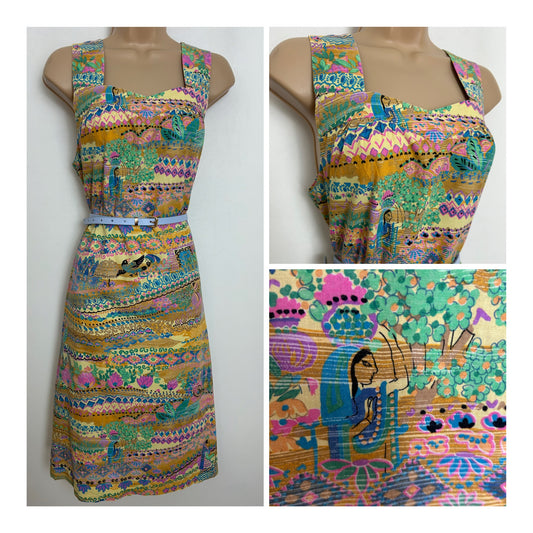 Vintage Late 1970s/Early 80s DURA Size 12 Beige Blue Pink Green & Orange Novelty Print Secret Garden Print Cotton Dress