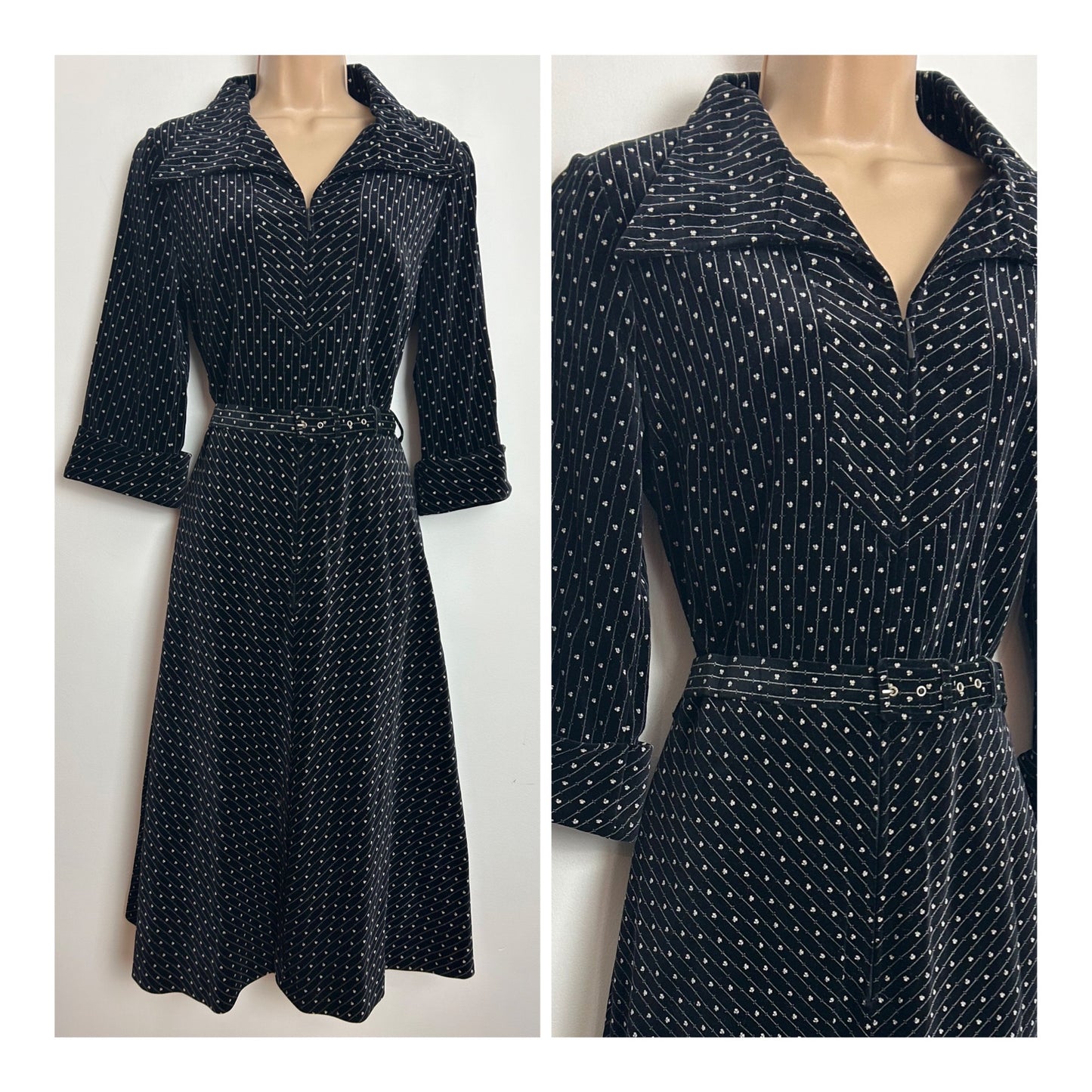 Vintage Late 1970s UK Size 14 Black & White Velvet Stripe & Floral Print 3/4 Sleeve Belted Fit & Flare Dress