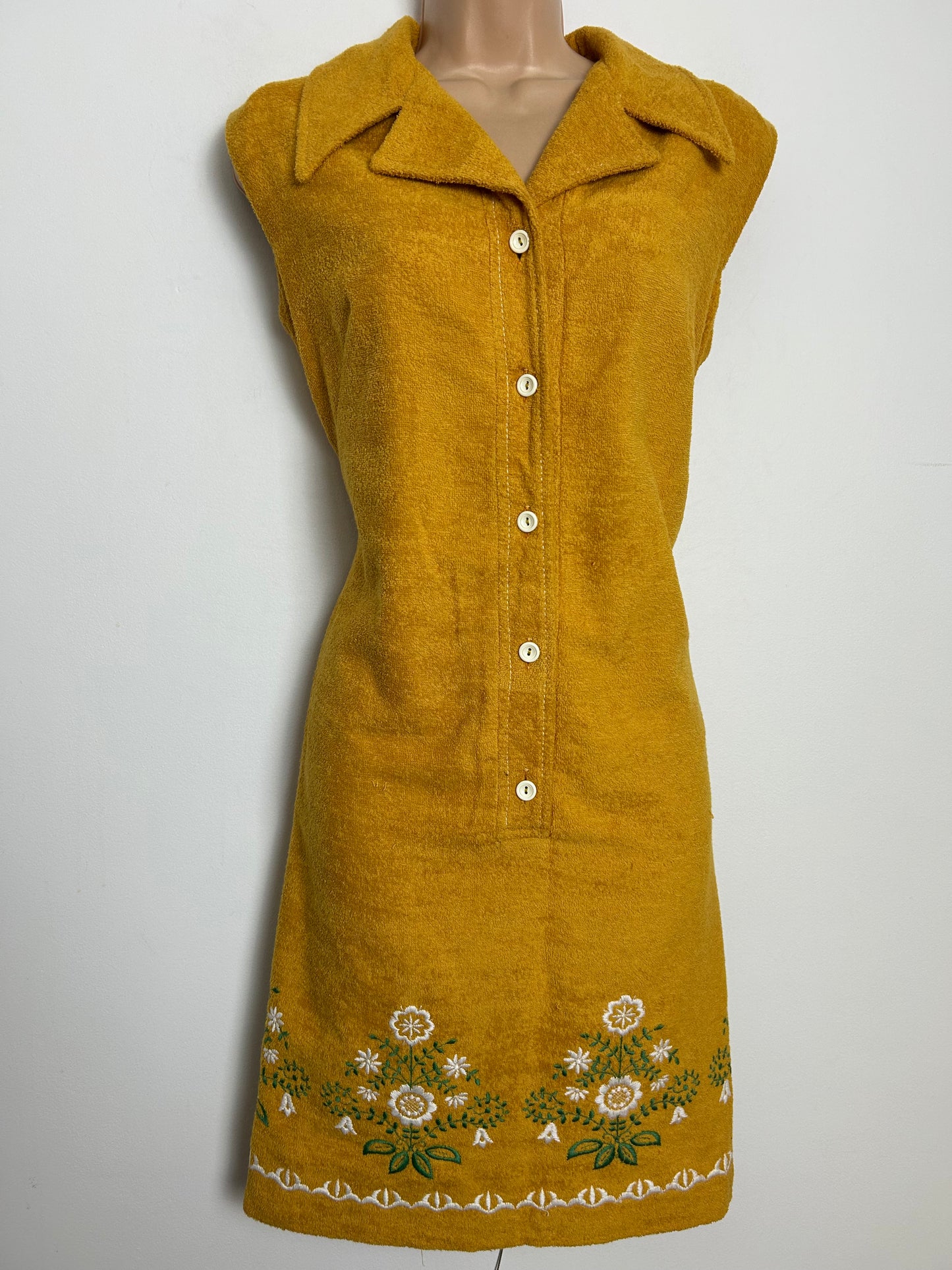 Vintage 1970s FRANKENWALDER Size 14 Mustard Yellow Embroidered Detail Towelling Shift Dress