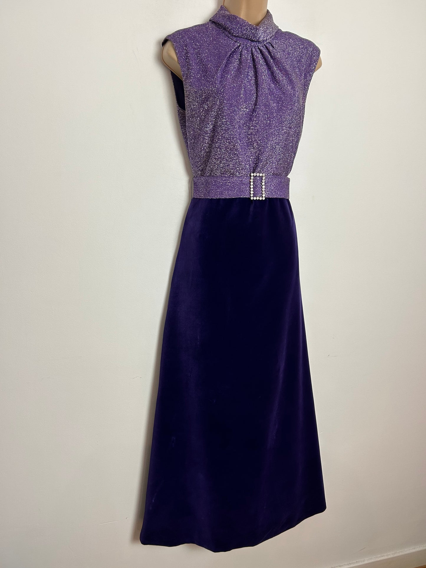 Vintage 1970s UK Size 10 Purple Velvet & Lurex Sleeveless Belted Occasion Evening Maxi Dress