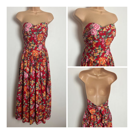 Vintage 1980s LAURA ASHLEY Size 10 Red Orange & Pink Floral Strapless Bow Back Maxi Dress