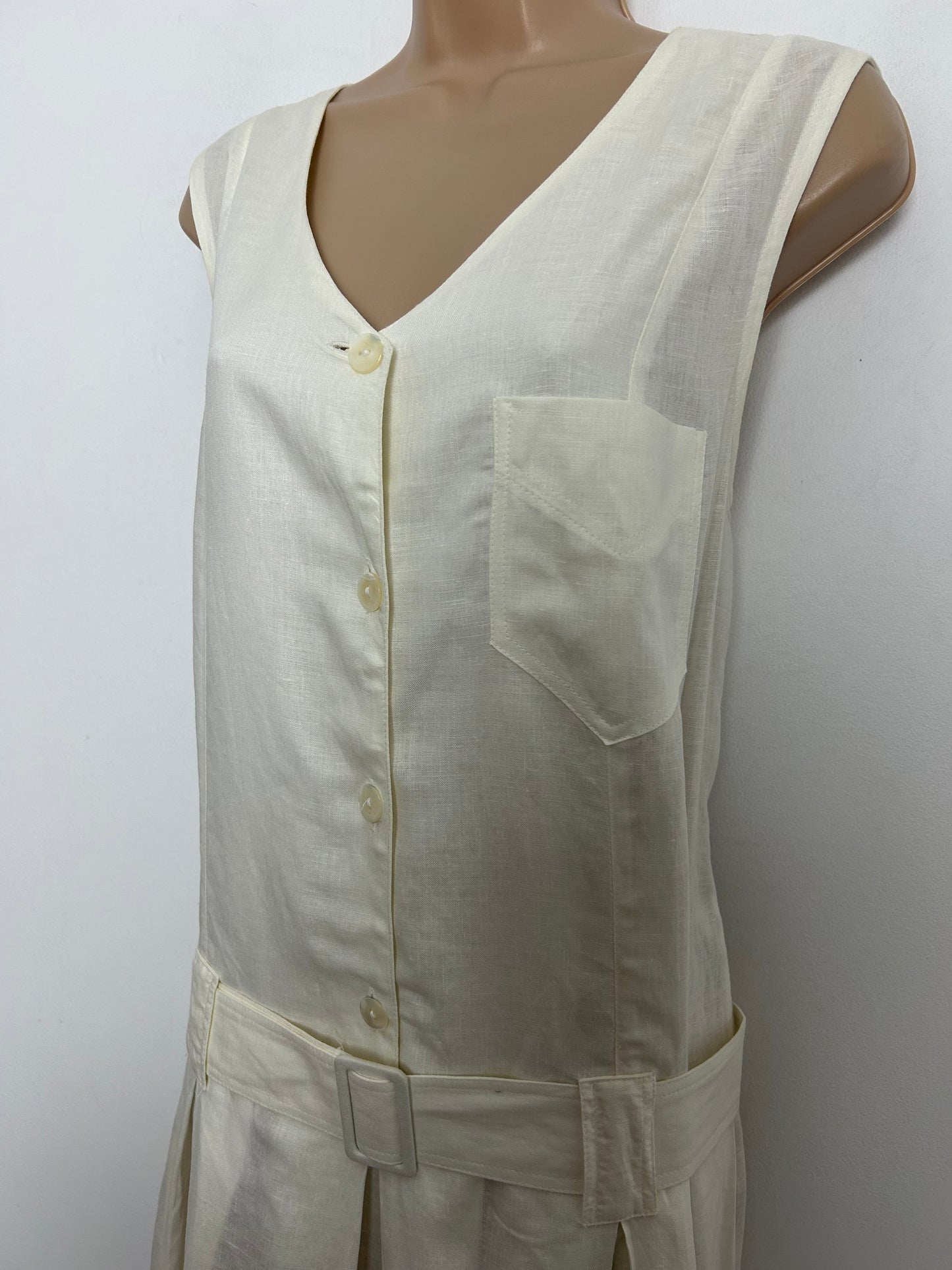 Vintage 1980s LAURA ASHLEY Size 14 Cream Linen Mix Sleeveless Belted Pleated Drop Waist Midi Dress