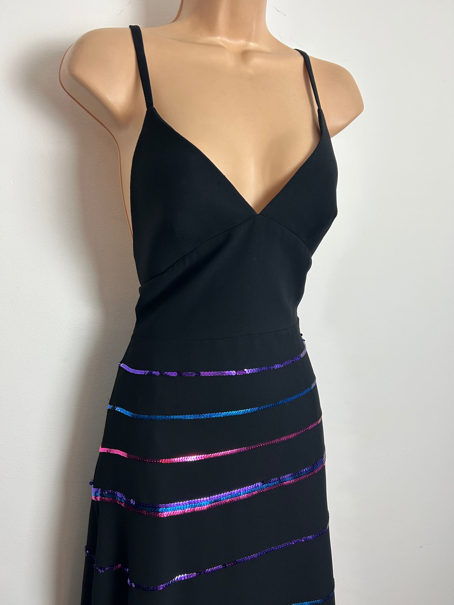 Vintage 1970s LOUIS FERAUD Size 6 Black Halterneck Purple Blue & Pink Sequin Detail Evening Party Maxi Dress