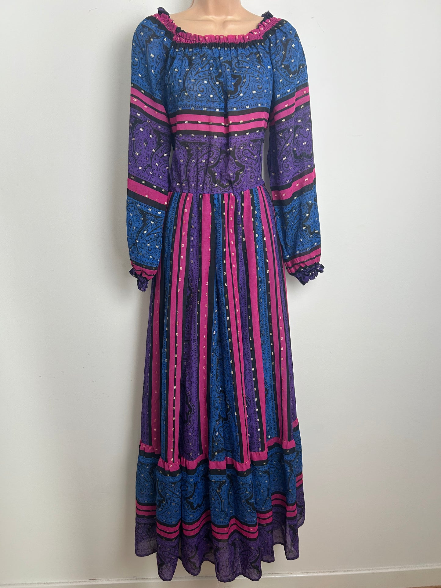 Vintage 1970s PEGGY LANE Size 10 Blue Purple Pink & Gold Stripe Lurex Occasion Dress