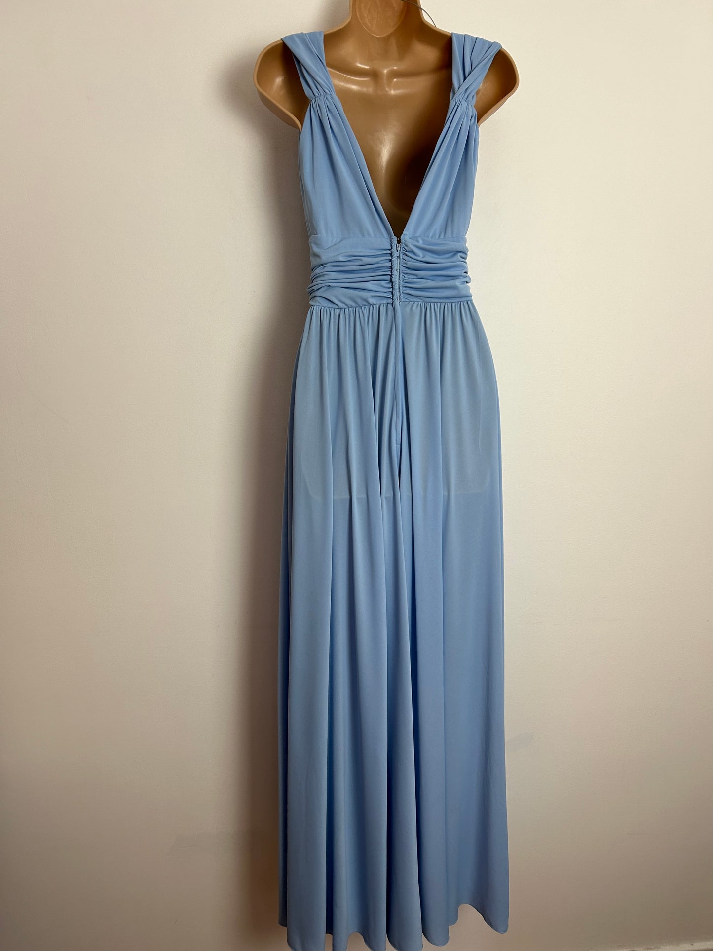 Vintage 1970s JOHN CHARLES UK Size 6-8 Beautiful Powder Blue Plunge Neck Special Occasion Maxi Dress