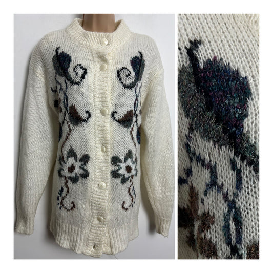 Vintage 1980s Up To Size 16 Cream Brown & Grey Floral Pattern Long Sleeve Lined Cardigan