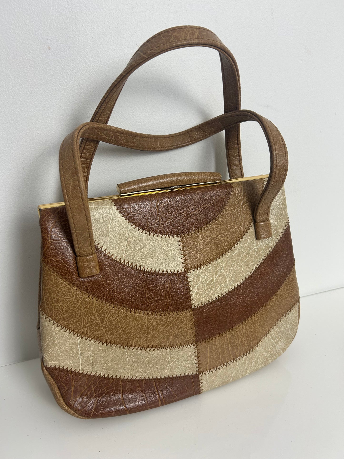 Vintage 1960s WEYMOUTH AMERICA Tan Brown & Beige Faux Leather Patchwork Panels Handbag