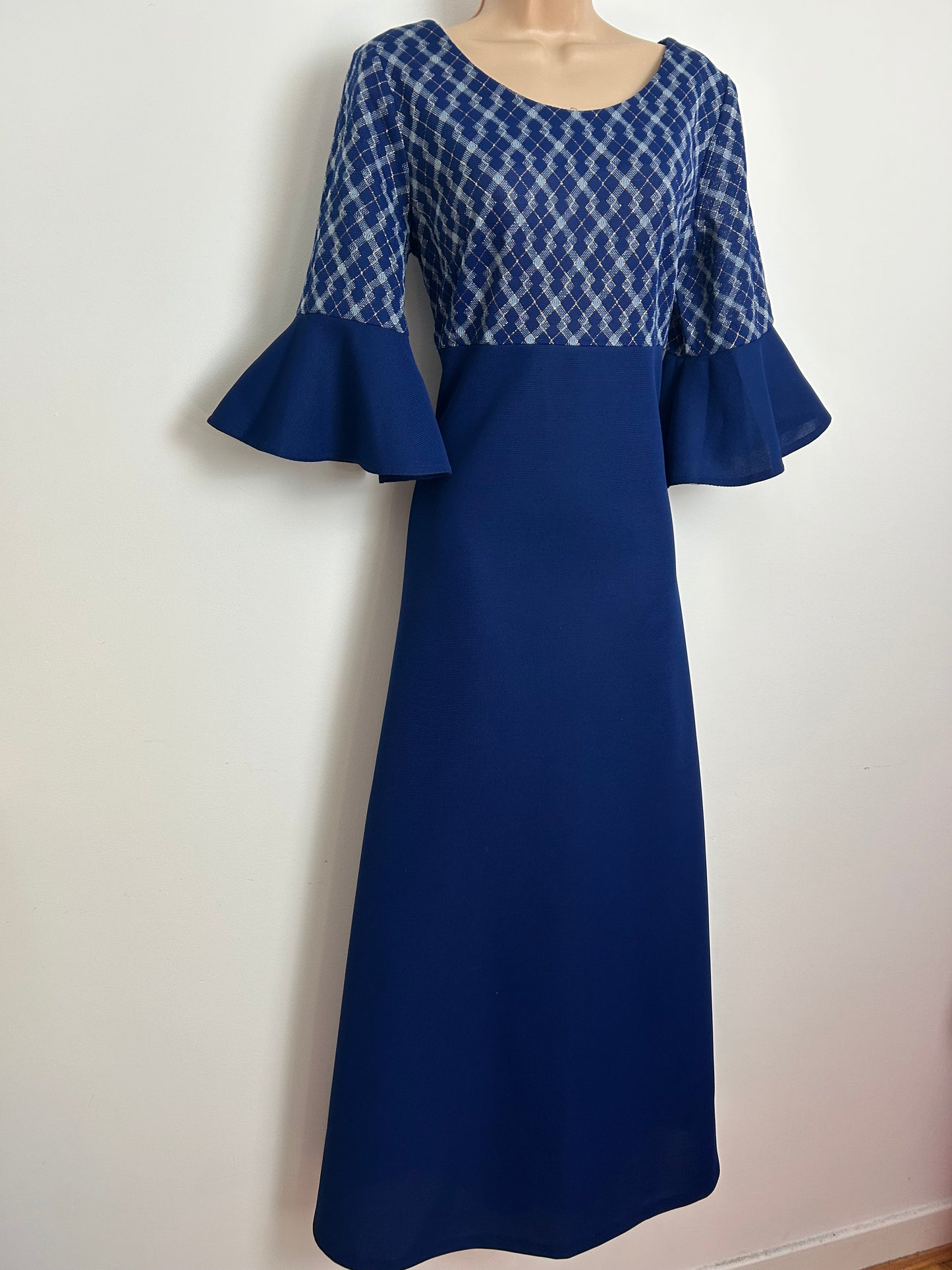 Vintage 1970s CAROL PHASE Size 12 Navy Blue & Gold Metallic Check Bodice Flared Cuff Evening Maxi Dress