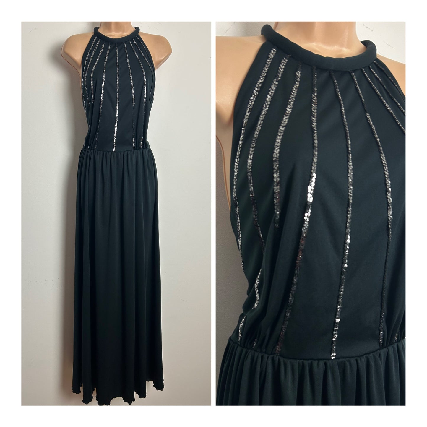 Vintage 1970s AFTER SIX BY RONALD JOYCE Size 12 Black Sequin Detail Halterneck Evening Maxi Dress