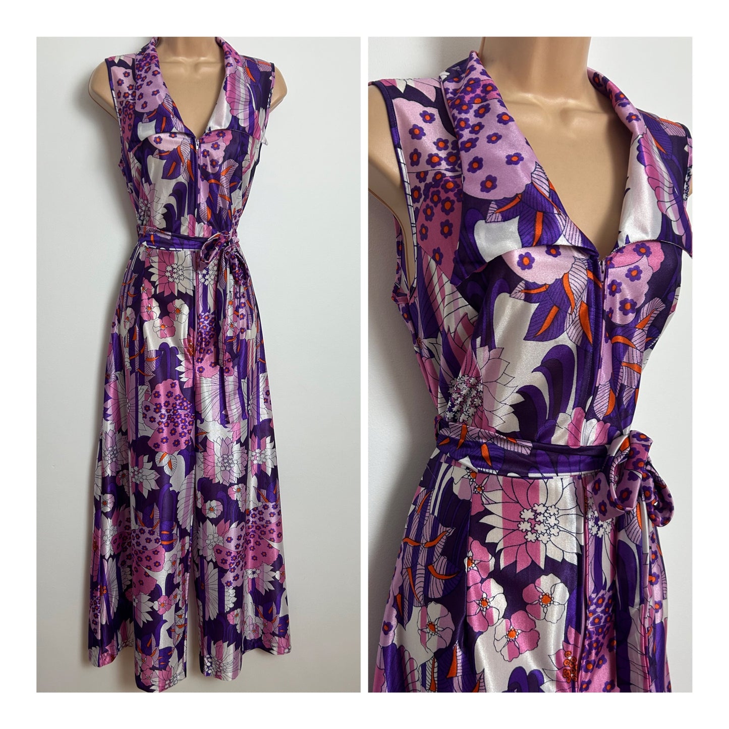 Vintage Early 1970s PIPPA DEE Size 10 Purple & Pink Tones Psychedelic Wide Leg Belted Jumpsuit