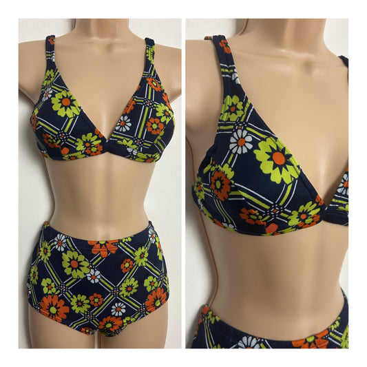 Vintage 1970s Size 12-14 Navy Blue Green & Orange Floral & Stripe Print Bikini