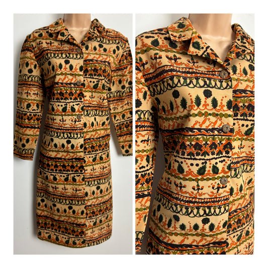 Vintage 1970s Size 14 Sandy Beige Orange & Green Abstract Print Long Sleeve Mod Shift Dress