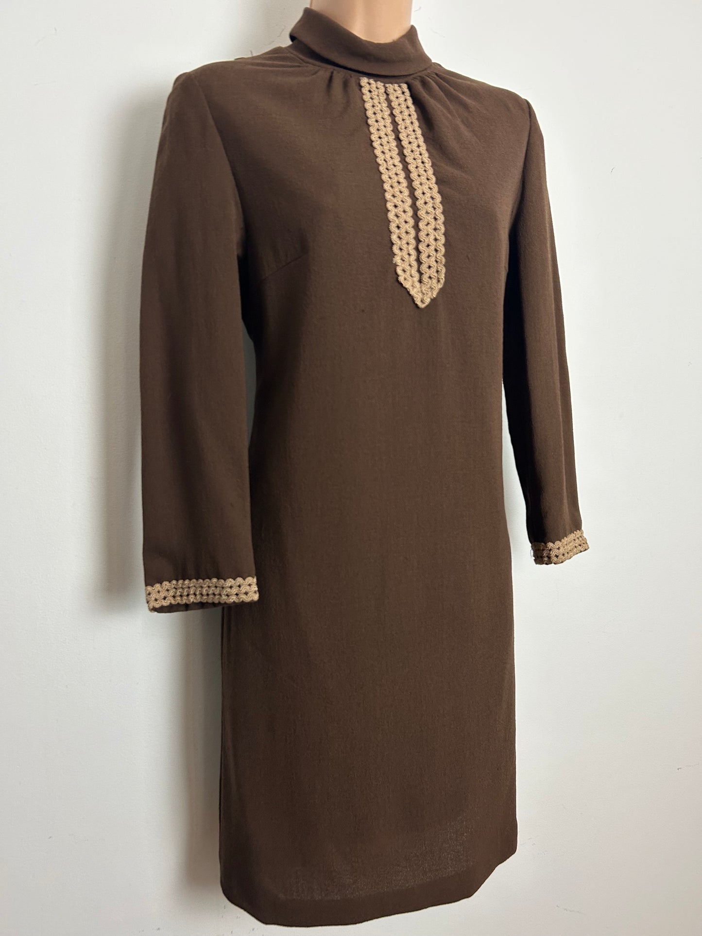Vintage 1960s HAUTE COUTURE MODELL Size 10 Brown Wool Mix Braid Trim Mod Shift Dress