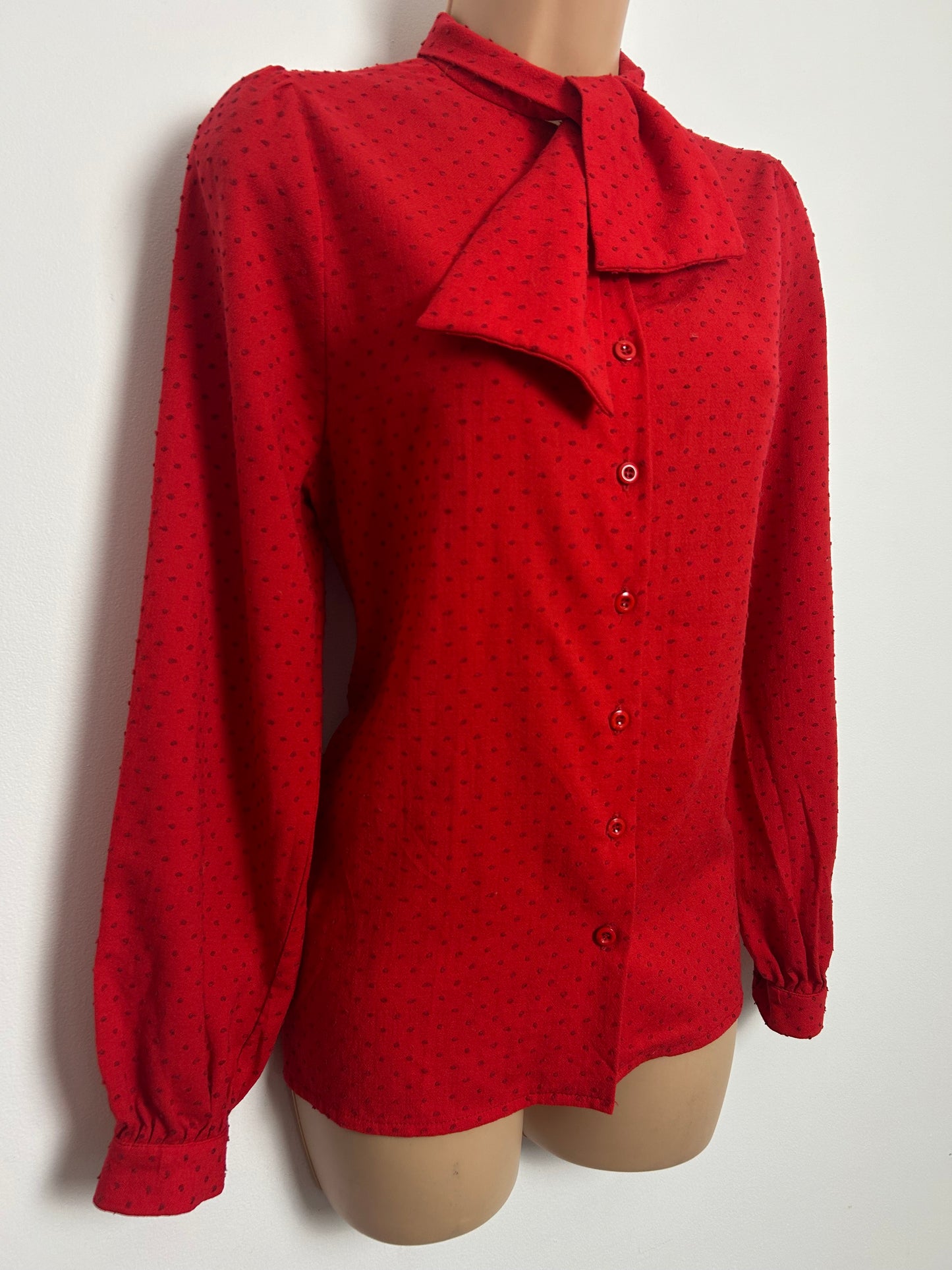 Vintage Late 1970s JAEGER (Made In England) Size 10-12 Red Swiss Dot Scarf Neck Cotton Shirt