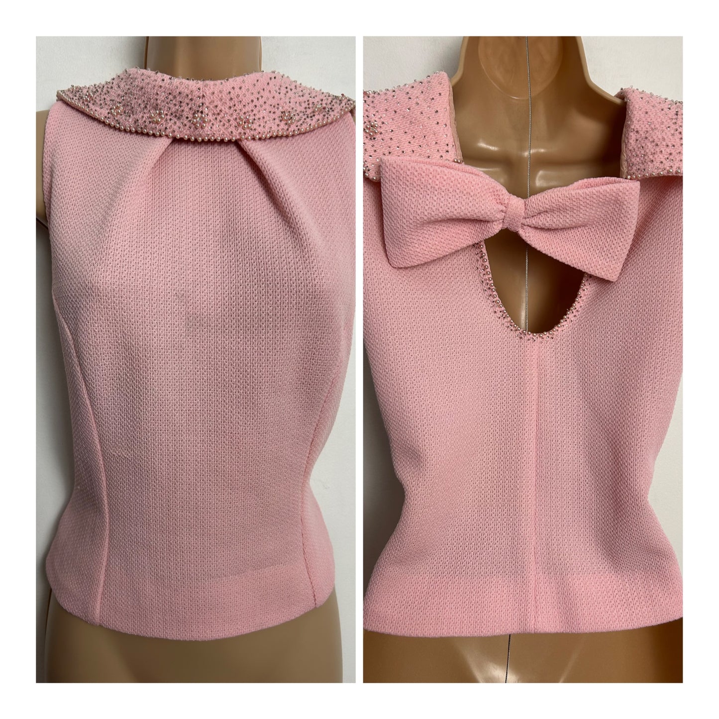 Vintage 1960s Size 8 Pale Pink Waffle Fabric Bow Detail Bead Embellished Sleeveless Top