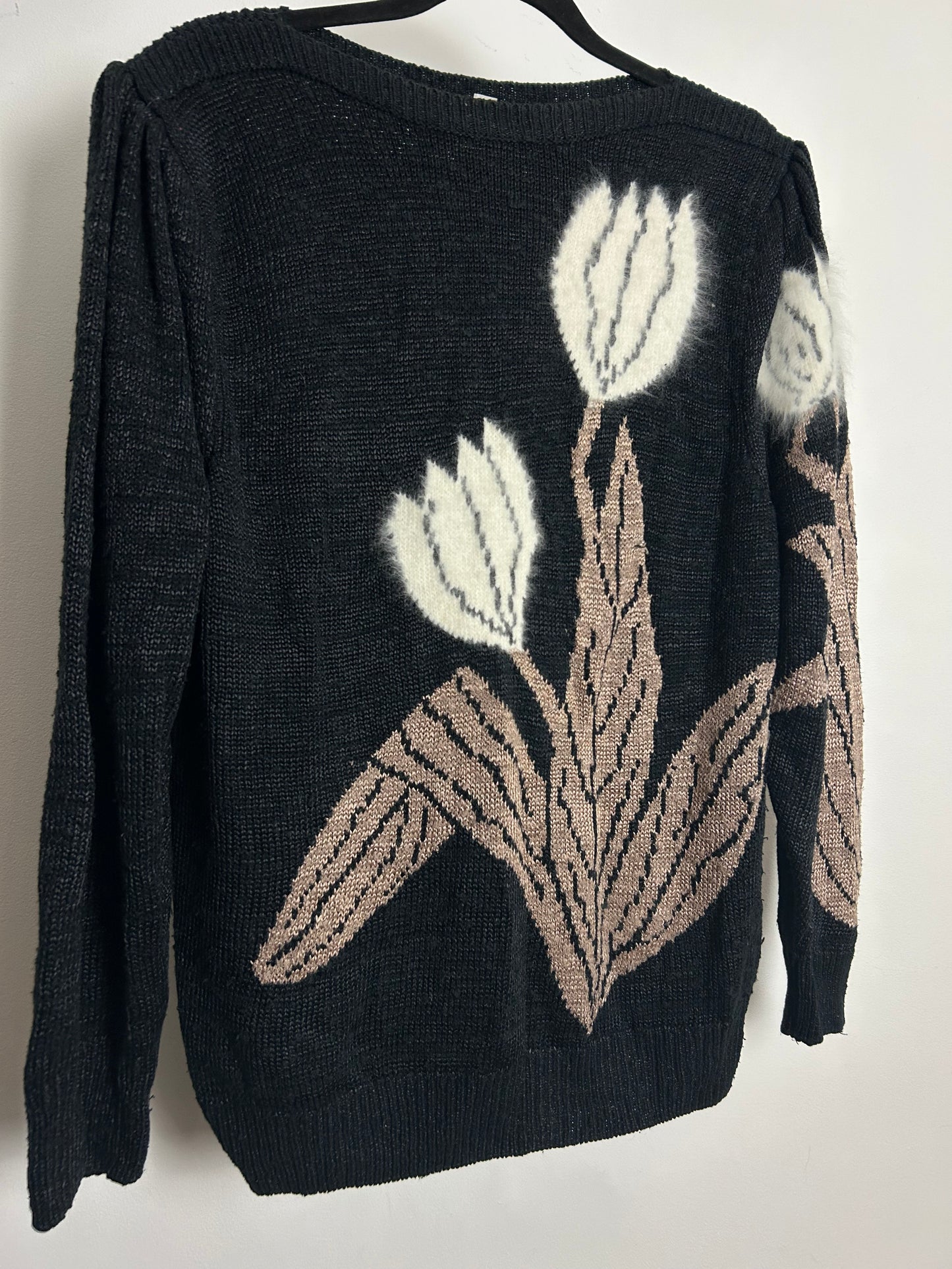 Vintage 1980s Up to Size 16 Black Brown & White Flower Pattern Long Sleeve Jumper