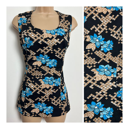 Vintage 1970s Size 10-12 Black Beige & Blue Floral & Geometric Print Sleeveless Top