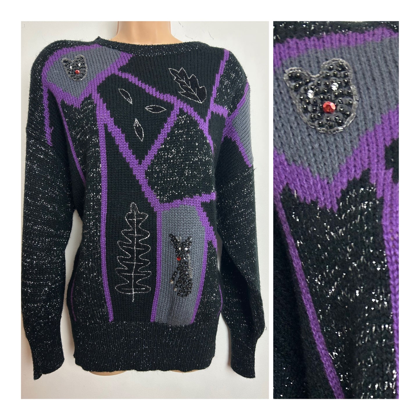 Vintage 1980s SANTAS Up To Size 16 Black Purple & Silver Lurex Sequin Cat Detail Jumper
