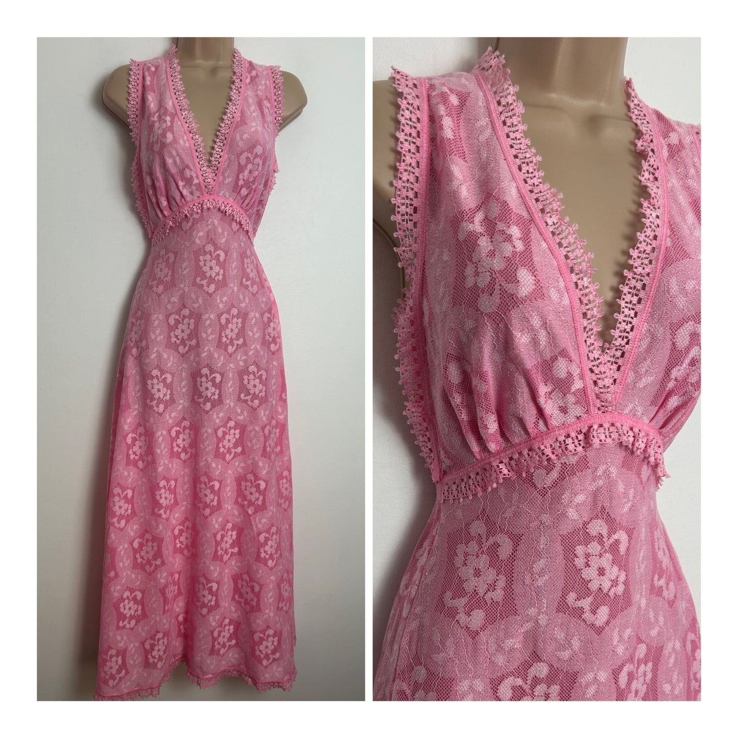 Vintage HANRO Made In Switzerland Size 8-10 Pink Cotton Lace Maxi Length Nightdress