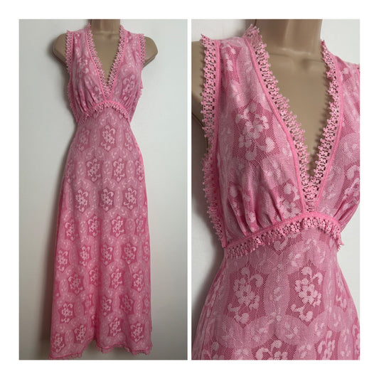 Vintage HANRO Made In Switzerland Size 8-10 Pink Cotton Lace Maxi Length Nightdress