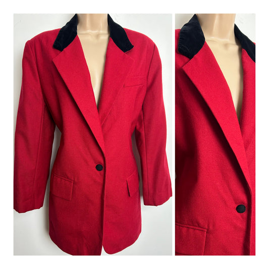 Vintage 1980s JENNIFER MOORE Size 14 Red 100% Wool Blazer With Black Velvet Collar