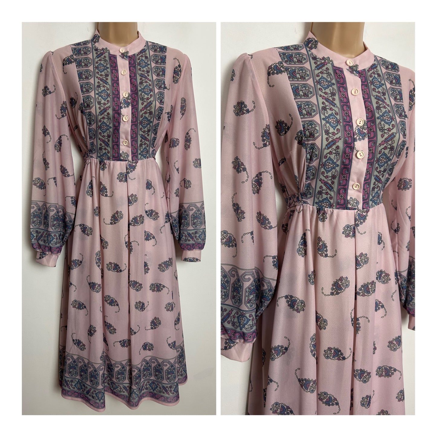 Vintage Late 1970s UK Size 8-10 Pale Pink & Blue Tones Nouveau Floral Print Long Sleeve Tie Back Day Dress