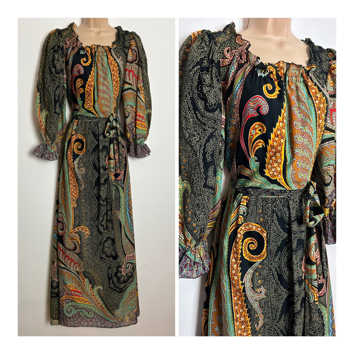 Vintage 1970s VERA MONT UK Size 10 Black Orange Beige & Blue Abstract Floral Leaf Print Long Sleeve Belted Cotton Boho Maxi Dress