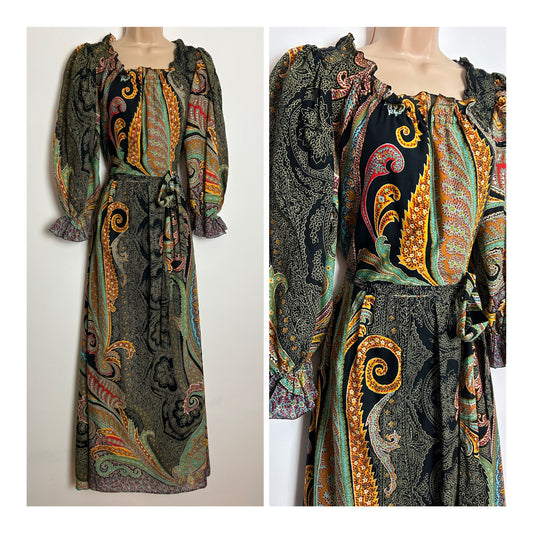 Vintage 1970s VERA MONT UK Size 10 Black Orange Beige & Blue Abstract Floral Leaf Print Long Sleeve Belted Cotton Boho Maxi Dress
