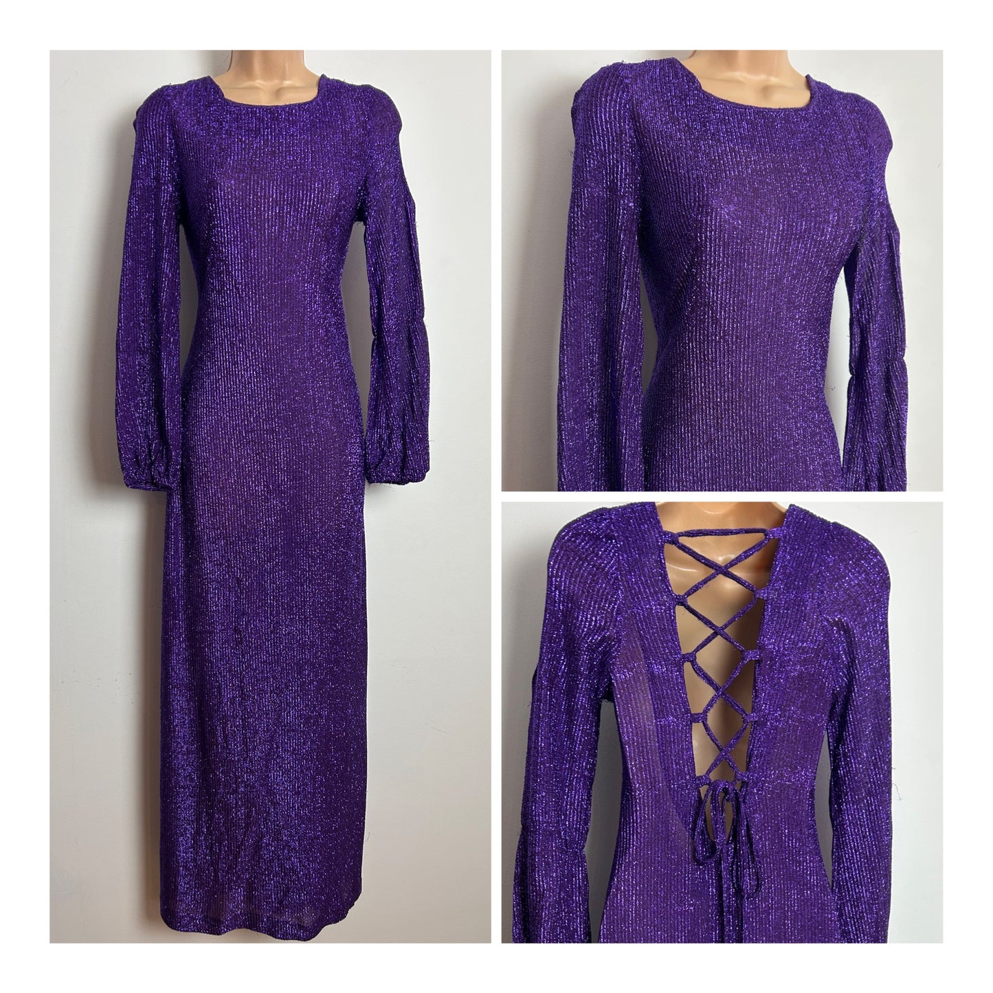 Vintage 1970s Size 6-8 Purple Lurex Glittery Shimmery Long Sleeve Lace Up Black Xmas Party Evening Maxi Dress