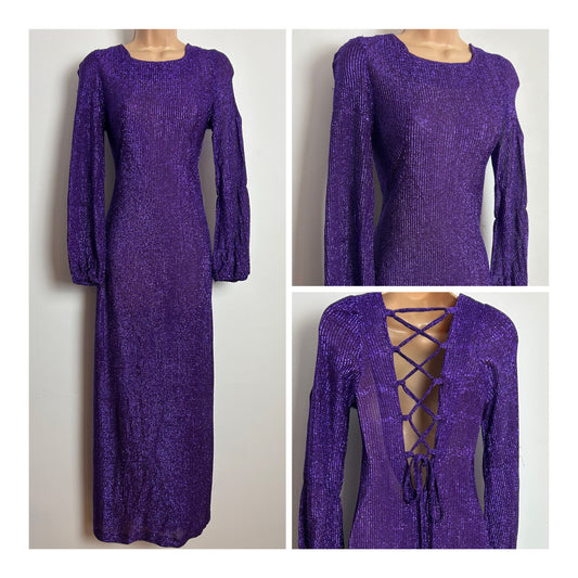 Vintage 1970s Size 6-8 Purple Lurex Glittery Shimmery Long Sleeve Lace Up Black Xmas Party Evening Maxi Dress