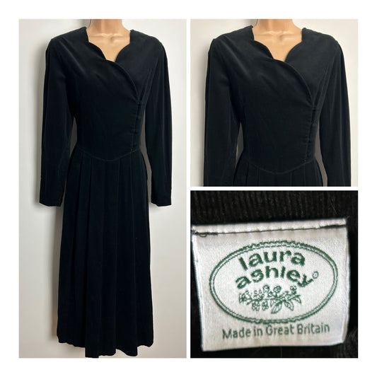 Vintage 1980s LAURA ASHLEY Size 12 (14 On Label) Black 100% Cotton Needlecord Corduroy Midi Dress