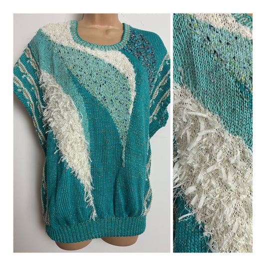 Vintage 1980s Up To Size 14-16 Turquoise & White Metallic Thread Short Sleeve Slouchy Jumper