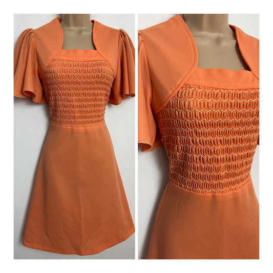 Vintage 1970s Size 6 Cute Coral Orange Shirred Bodice Short Flutter Sleeve Mod Dress