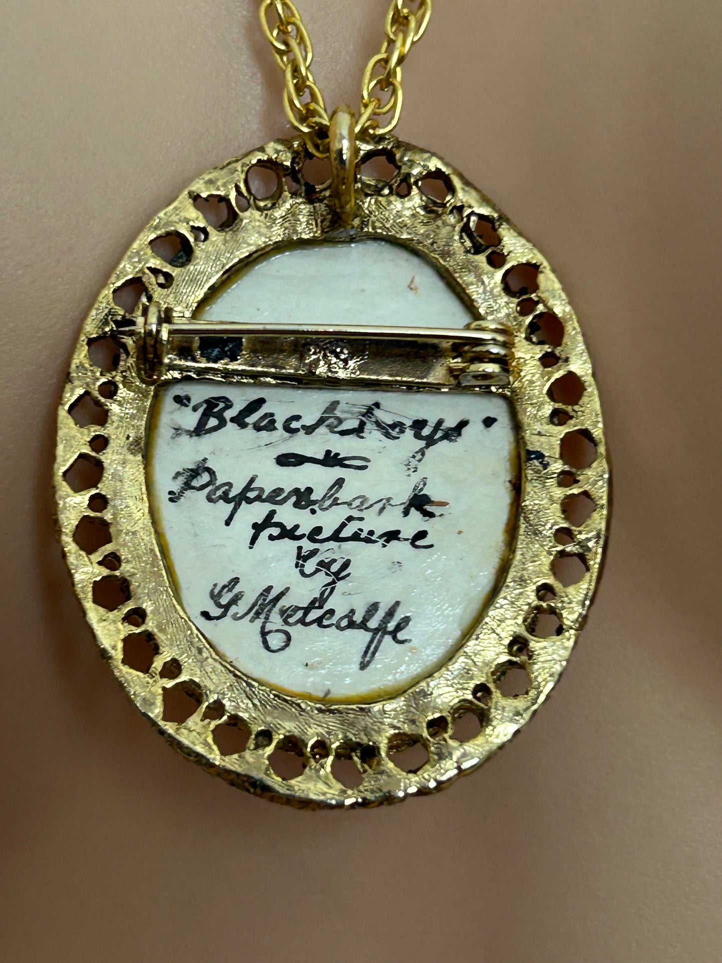 Vintage 1950s RARE Handcrafted Australian Paperbark Miniature Picture Pendant & Necklace By G. Metcalfe