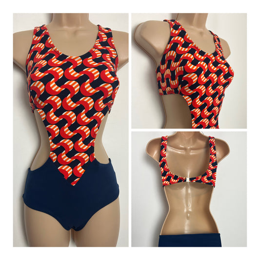 Vintage 1970s Size 12 Navy Blue Orange & Red Wavy Stripe Print Cut Out One Piece Swimsuit