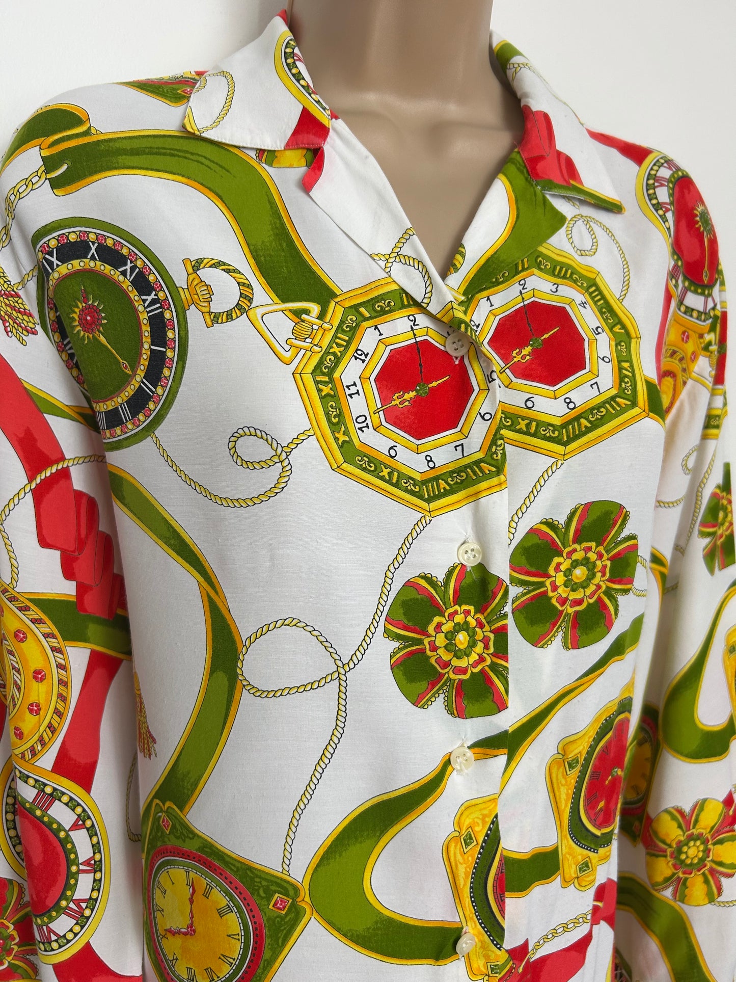 Vintage 1990s Size 14-16 White Red Green & Gold Baroque Clock Print Long Sleeve Shirt