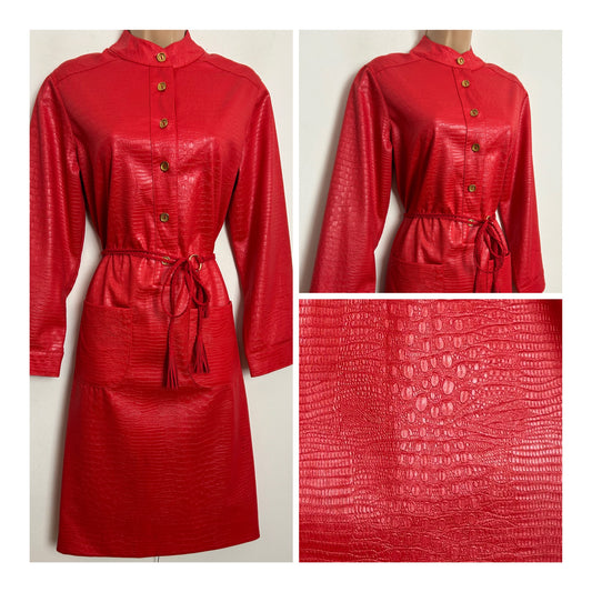Vintage 1980s HANBURY LTD UK Size 10-12 Red Wet Look Reptile Print Long Sleeve Belted Day Dress