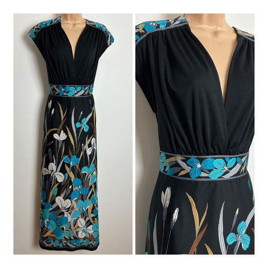 Vintage 1970s JOBI Size 12 Black Blue & Brown Floral & Border Print Plunge Neck Cap Sleeve Maxi Dress