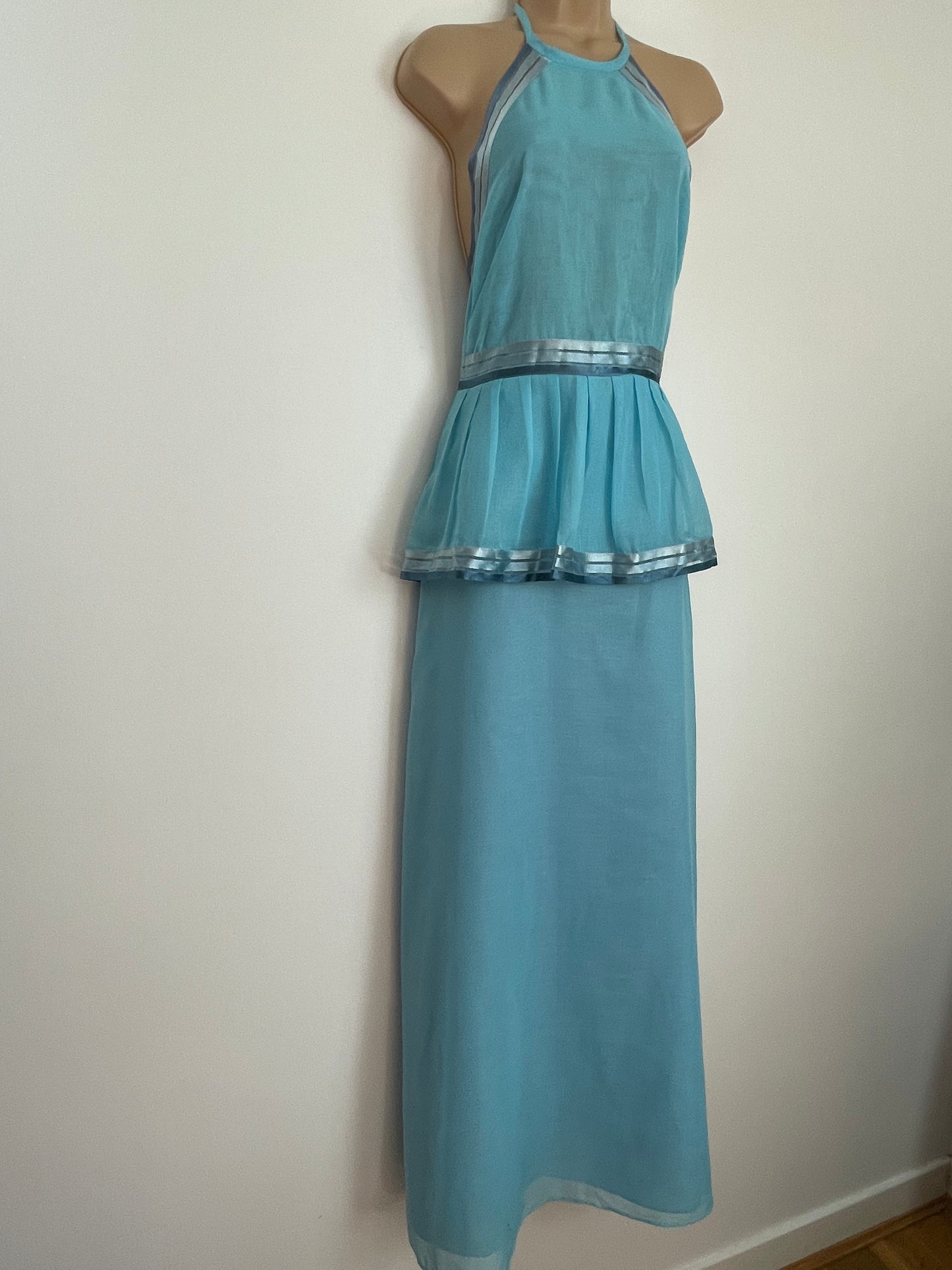 Vintage Late 1970s UK Size 6-8 After Six By Ronald Joyce Blue Halterneck Peplum Summer Boho Occasion Maxi Dress