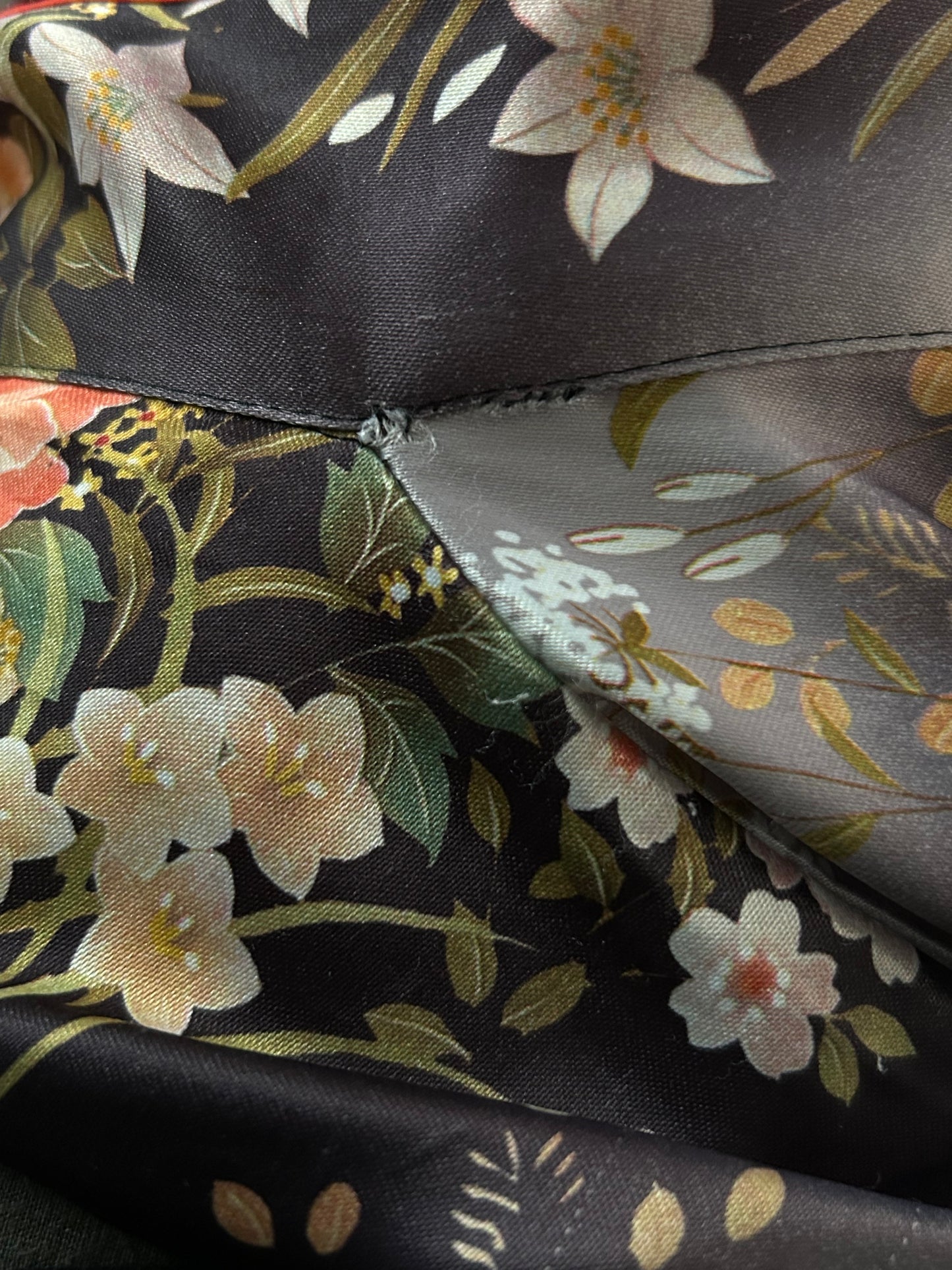 Vintage Late 1970s Made In Japan MITSUKIKU Up To Size 16 Grey Black Orange & Pink Floral Print Kimonoi Style Mid Length Robe