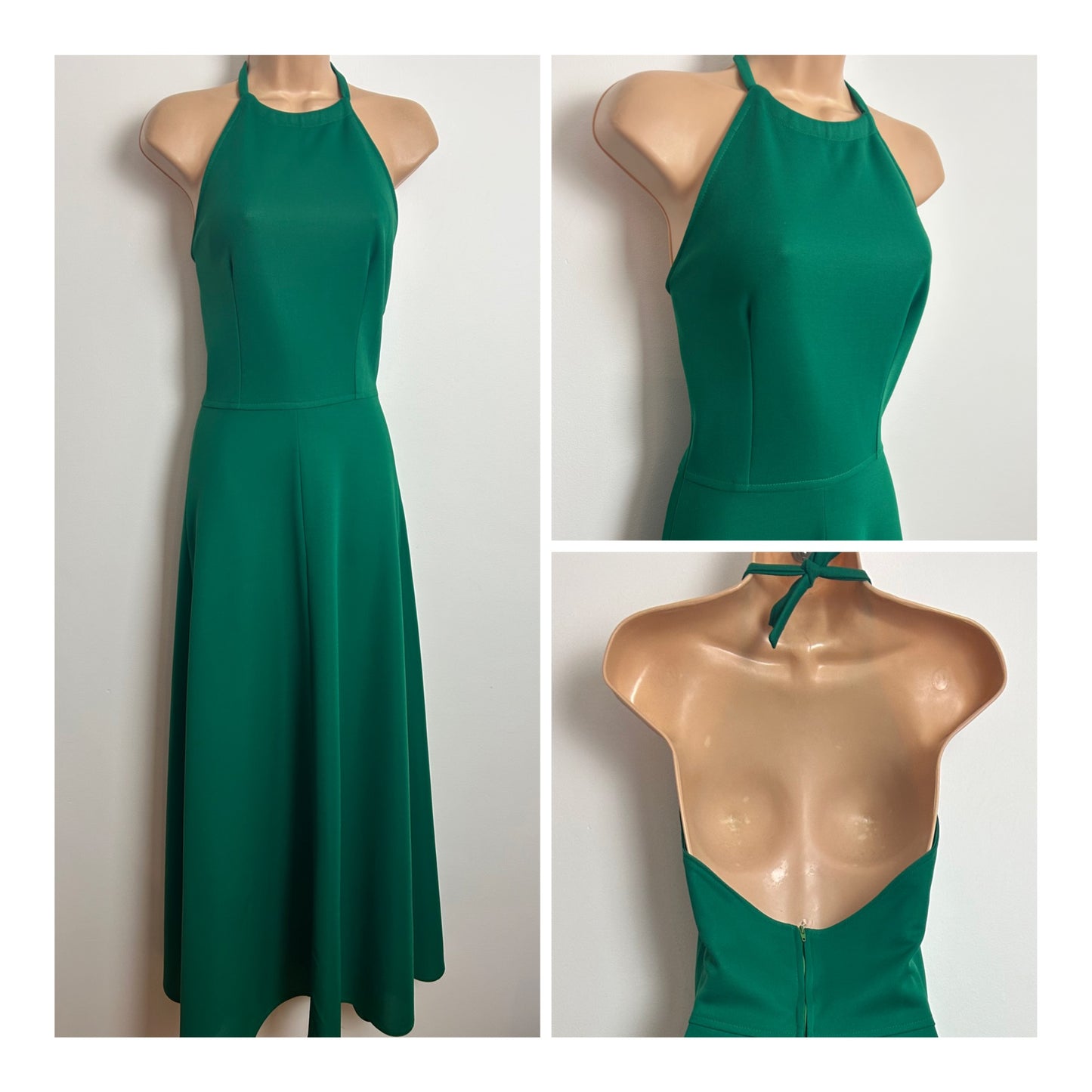 Vintage 1970s Size 6 Mid Green Halterneck Open Back Maxi Dress Size 6