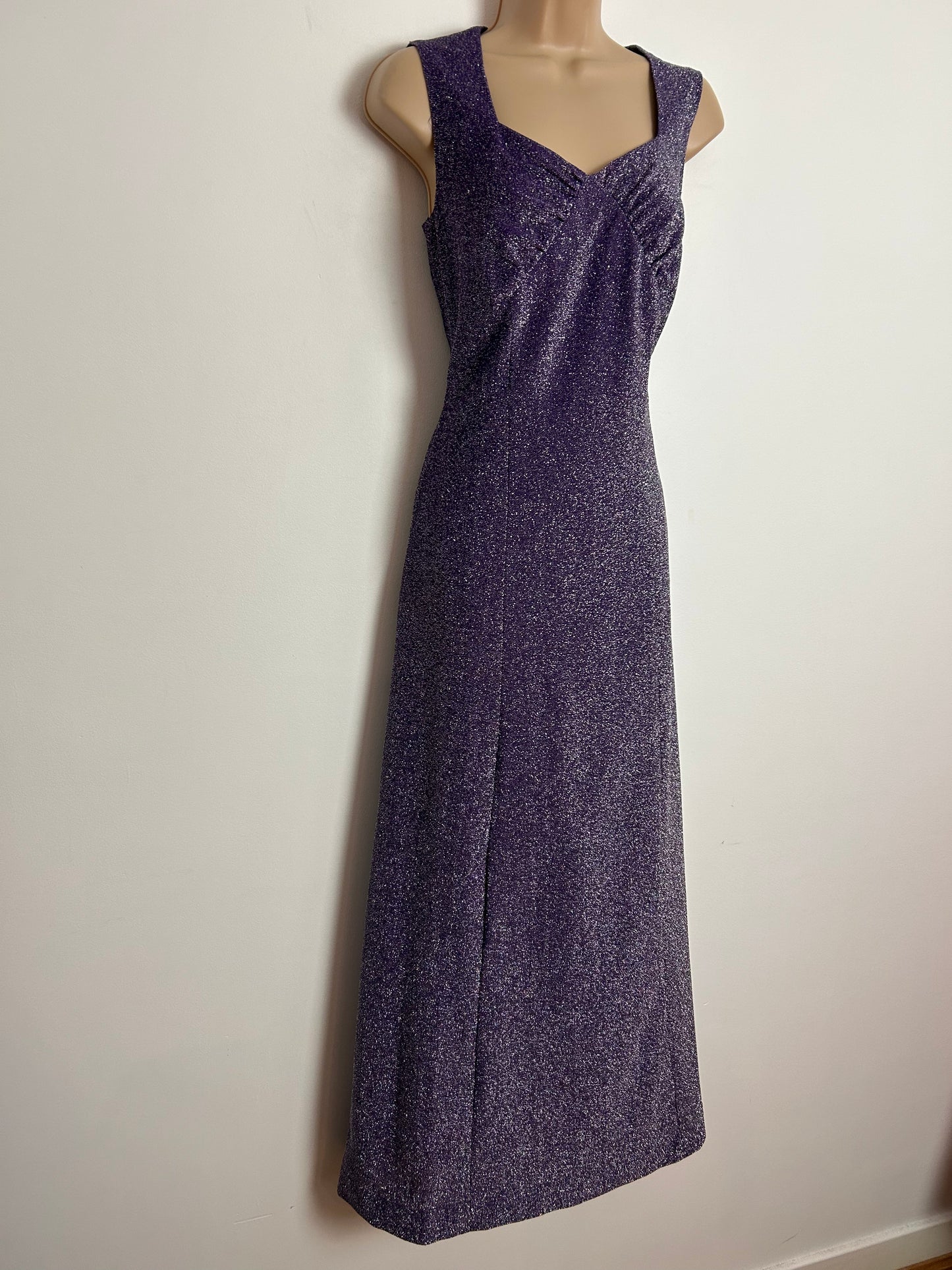 Vintage 1970s UK Size 10 Purple Glittery Sparkly Lurex Sleeveless Occasion Evening Party Maxi Dress