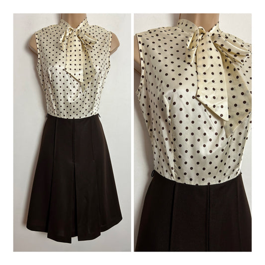 Vintage 1960s HAREM UK Size 8 Brown & Cream Polka Dot Print Sleeveless Pussy Bow Mod Dress